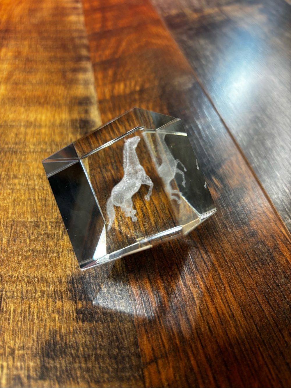 Clear crystal glass 1.5” cube 3D laser-etched image of a rearing horse.